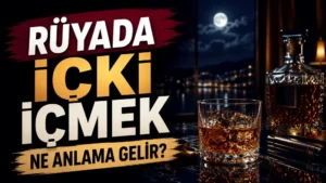 Ay ışıklı loş bir ortamda buzlu içki bardağı ve şişe; sol tarafta “Rüyada İçki İçmek Ne Anlama Gelir?” yazısı bulunan blog kapak tasarımı.