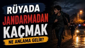 Rüyada jandarmadan kaçmak ne anlama gelir başlıklı kapak görselinde, gece vakti jandarmadan kaçan bir erkek figürü, takip eden görevli ve büyük tipografik başlık yer alıyor.