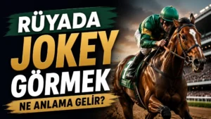 Rüyada jokey görmek ne anlama gelir başlıklı kapak görselinde, yarış pistinde at üzerinde ilerleyen bir jokey ve büyük tipografik başlık yer alıyor.