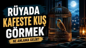 Ay ışıklı loş bir odada kafes içinde duran küçük kuş; sol tarafta “Rüyada Kafeste Kuş Görmek Ne Anlama Gelir?” yazısı bulunan blog kapak tasarımı.