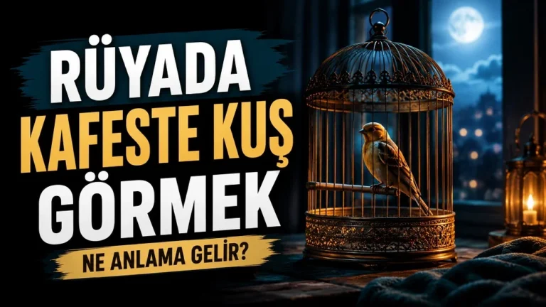 Ay ışıklı loş bir odada kafes içinde duran küçük kuş; sol tarafta “Rüyada Kafeste Kuş Görmek Ne Anlama Gelir?” yazısı bulunan blog kapak tasarımı.