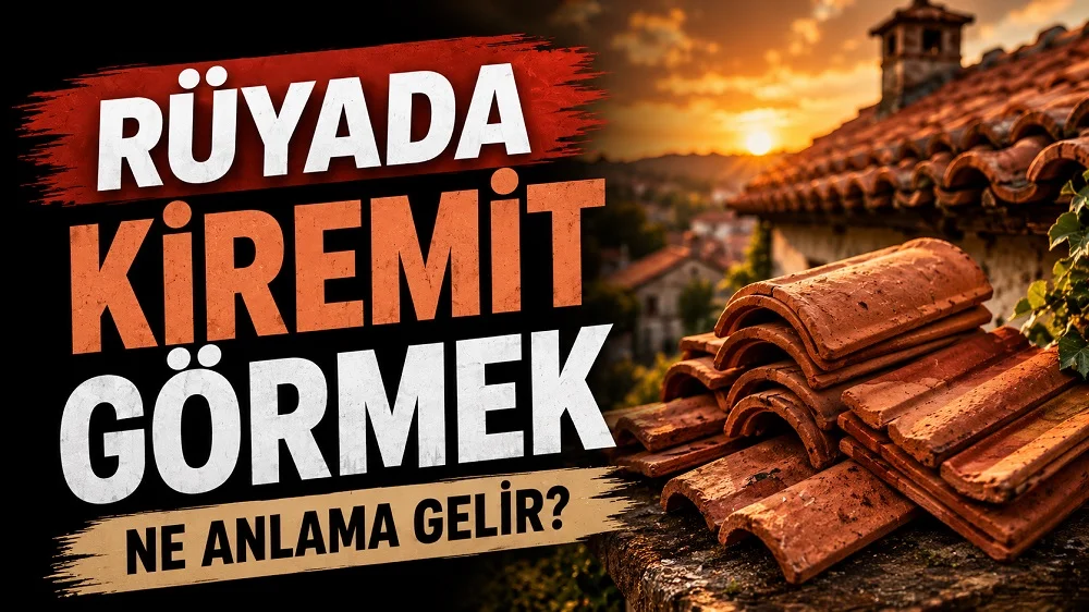Rüyada Kiremit Görmek Ne Anlama Gelir başlıklı, gün batımında üst üste dizilmiş kırmızı kiremitlerin ve kiremit çatılı bir yapının yer aldığı sıcak turuncu, kırmızı ve kahverengi tonlarda hazırlanmış blog kapak görseli.