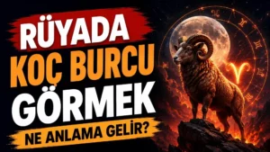 Ay ışığı ve astrolojik semboller arasında kayalık üzerinde duran koç; sol tarafta “Rüyada Koç Burcu Görmek Ne Anlama Gelir?” yazısı bulunan blog kapak tasarımı.