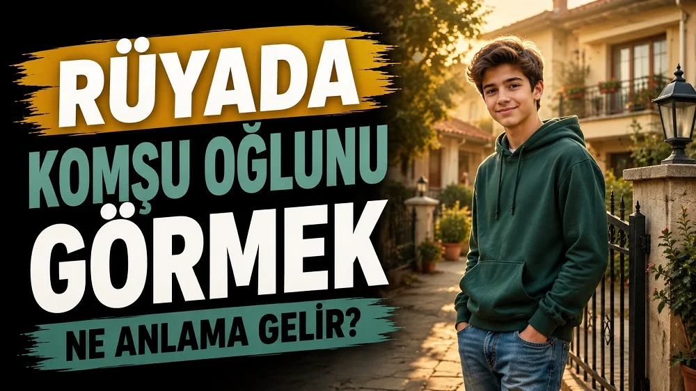 Rüyada komşu oğlunu görmek ne anlama gelir başlıklı kapak görselinde, mahalle sokağında evlerin ve bahçe kapısının yanında duran genç bir erkek figürü ile büyük tipografik başlık yer alıyor.