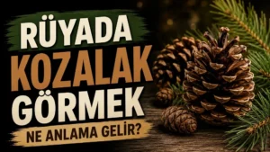 Rüyada kozalak görmek ne anlama gelir başlıklı, çam kozalakları ve doğal yeşil-kahverengi tonlarla hazırlanmış kapak tasarımı.