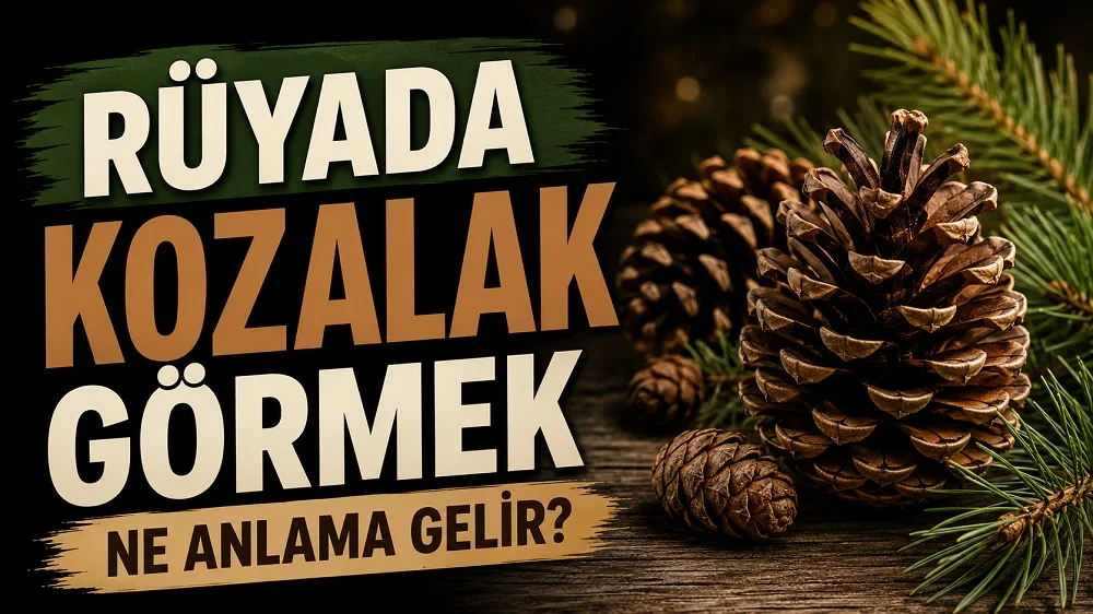 Rüyada kozalak görmek ne anlama gelir başlıklı, çam kozalakları ve doğal yeşil-kahverengi tonlarla hazırlanmış kapak tasarımı.