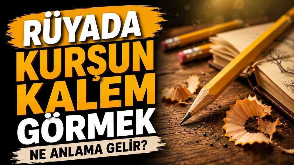 Sol tarafta “Rüyada Kurşun Kalem Görmek Ne Anlama Gelir?” yazısı yer alan, sağ tarafta ahşap masa üzerinde kurşun kalem, defter ve kalem talaşlarının bulunduğu sıcak tonlu kapak tasarımı.