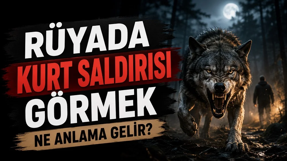 Rüyada kurt saldırısı görmek ne anlama gelir başlıklı kapak görselinde, gece ormanda saldırıya geçen öfkeli bir kurt, arka planda yürüyen bir kişi ve büyük tipografik başlık yer alıyor.