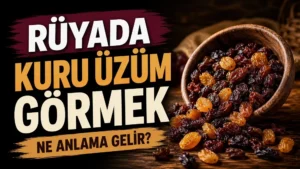 Rüyada kuru üzüm görmek ne anlama gelir başlıklı kapak görselinde, ahşap masa üzerinde kaseden dökülen sarı ve koyu renkli kuru üzümler ile büyük tipografik başlık yer alıyor.