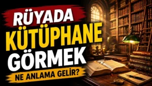 Sol tarafta “Rüyada Kütüphane Görmek Ne Anlama Gelir?” yazısı bulunan, sağ tarafta kitap rafları, açık kitap, masa lambası ve eski kütüphane atmosferinin yer aldığı sıcak tonlu kapak tasarımı.