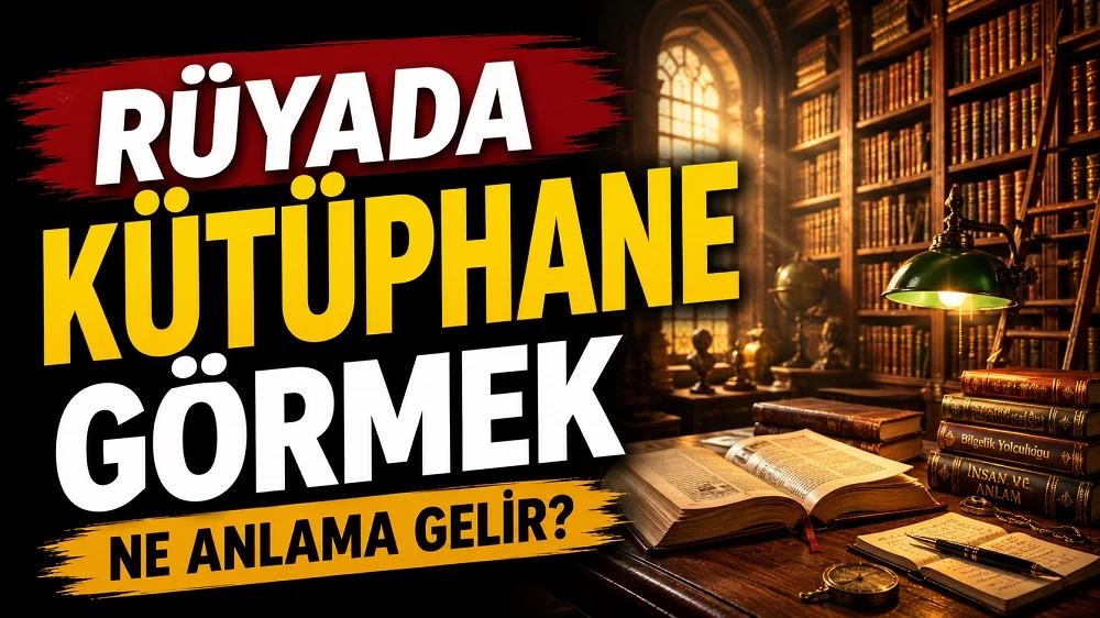 Sol tarafta “Rüyada Kütüphane Görmek Ne Anlama Gelir?” yazısı bulunan, sağ tarafta kitap rafları, açık kitap, masa lambası ve eski kütüphane atmosferinin yer aldığı sıcak tonlu kapak tasarımı.