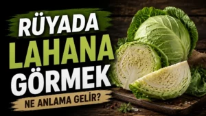 Rüyada lahana görmek ne anlama gelir başlıklı kapak görselinde, ahşap zemin üzerinde taze yeşil lahana, kesilmiş lahana parçaları ve büyük tipografik başlık yer alıyor.