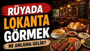 Rüyada Lokanta Görmek Ne Anlama Gelir başlıklı, geleneksel yemeklerle dolu sıcak ışıklı bir lokanta ortamının yer aldığı kırmızı, siyah, turuncu ve kahverengi tonlarda hazırlanmış blog kapak görseli.