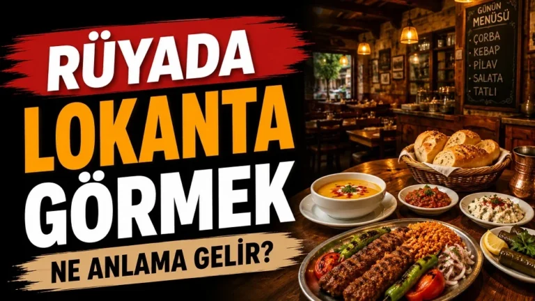 Rüyada Lokanta Görmek Ne Anlama Gelir başlıklı, geleneksel yemeklerle dolu sıcak ışıklı bir lokanta ortamının yer aldığı kırmızı, siyah, turuncu ve kahverengi tonlarda hazırlanmış blog kapak görseli.