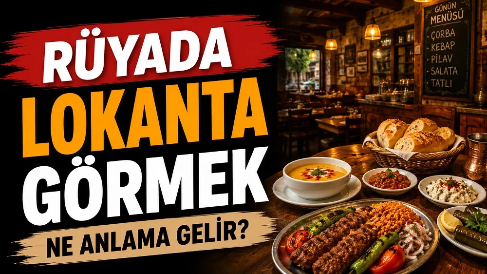 Rüyada Lokanta Görmek Ne Anlama Gelir başlıklı, geleneksel yemeklerle dolu sıcak ışıklı bir lokanta ortamının yer aldığı kırmızı, siyah, turuncu ve kahverengi tonlarda hazırlanmış blog kapak görseli.