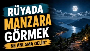Ay ışığı altında dağlar, göl ve şehir ışıklarının göründüğü geniş manzara; sol tarafta “Rüyada Manzara Görmek Ne Anlama Gelir?” yazısı bulunan blog kapak tasarımı.