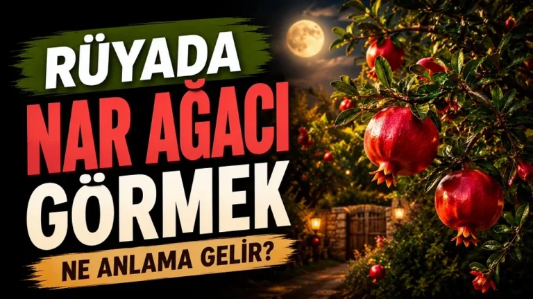 Ay ışığı altında kırmızı narlarla dolu bir nar ağacı dalı; sol tarafta “Rüyada Nar Ağacı Görmek Ne Anlama Gelir?” yazısı bulunan blog kapak tasarımı.