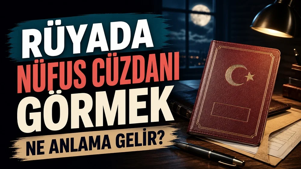 Ay ışığı alan karanlık bir odada masa üzerinde kırmızı nüfus cüzdanı, kalem ve resmi evraklar; sol tarafta “Rüyada Nüfus Cüzdanı Görmek Ne Anlama Gelir?” yazısı bulunan blog kapak tasarımı.