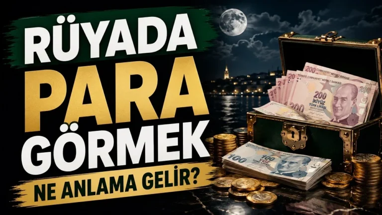 Ay ışıklı karanlık bir ortamda sandık içinde Türk lirası banknotları ve altın renkli madeni paralar; sol tarafta “Rüyada Para Görmek Ne Anlama Gelir?” yazısı bulunan blog kapak tasarımı.