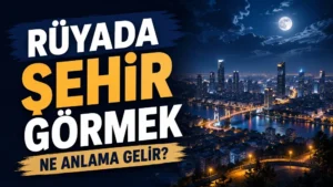 Ay ışığı altında köprüleri, gökdelenleri ve ışıkları görünen modern şehir manzarası; sol tarafta “Rüyada Şehir Görmek Ne Anlama Gelir?” yazısı bulunan blog kapak tasarımı.