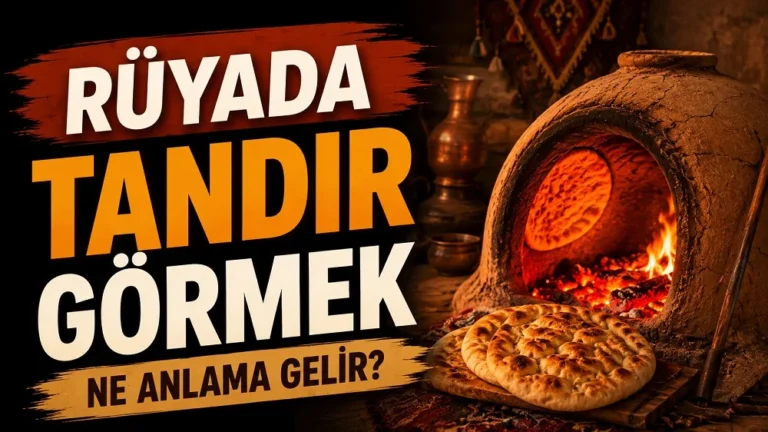 Sıcak ışıklı geleneksel bir ortamda yanan tandır, pişen ekmekler ve toprak tonlarında detaylar; sol tarafta “Rüyada Tandır Görmek Ne Anlama Gelir?” yazısı bulunan blog kapak tasarımı.