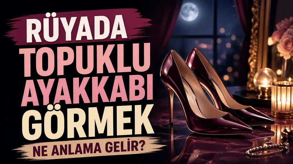 Ay ışıklı ve loş bir odada bordo renkli topuklu ayakkabılar; sol tarafta “Rüyada Topuklu Ayakkabı Görmek Ne Anlama Gelir?” yazısı bulunan blog kapak tasarımı.