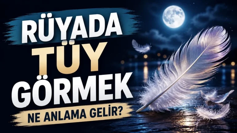 Ay ışığı altında parlak ve zarif beyaz tüyler; sol tarafta “Rüyada Tüy Görmek Ne Anlama Gelir?” yazısı bulunan blog kapak tasarımı.