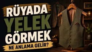 Rüyada yelek görmek ne anlama gelir başlıklı kapak görselinde, karanlık ve sıcak tonlu bir odada askıda duran şık bir yelek ile büyük tipografik başlık yer alıyor.