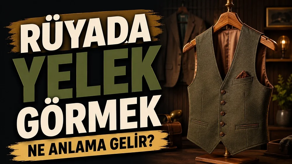 Rüyada yelek görmek ne anlama gelir başlıklı kapak görselinde, karanlık ve sıcak tonlu bir odada askıda duran şık bir yelek ile büyük tipografik başlık yer alıyor.