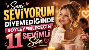 Seni Seviyorum Diyemediğinde Söyleyebileceğin 11 Sevimli Söz başlıklı, elinde “Sana” yazılı not tutan sarışın kadın, kalp detayları, mum ışığı ve sıcak romantik atmosfer içeren ilişki temalı kapak tasarımı.