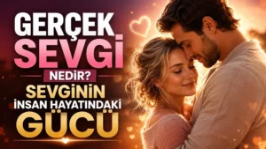 Gerçek Sevgi Nedir Sevginin İnsan Hayatındaki Gücü başlıklı, gün batımı ışığında birbirine sarılan sarışın kadın ve partneri, kalp sembolleri ve sıcak romantik tonlar içeren ilişki temalı kapak tasarımı.
