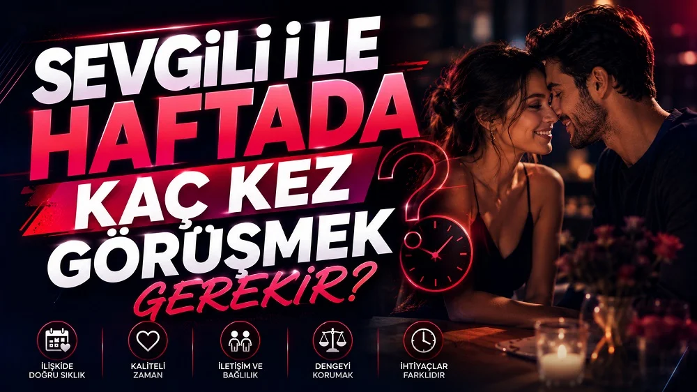 Sevgili ile Haftada Kaç Kez Görüşmek Gerekir? başlıklı, romantik çift figürlü, koyu lacivert ve pembe neon tonlarında hazırlanmış modern ilişki temalı kapak görseli.