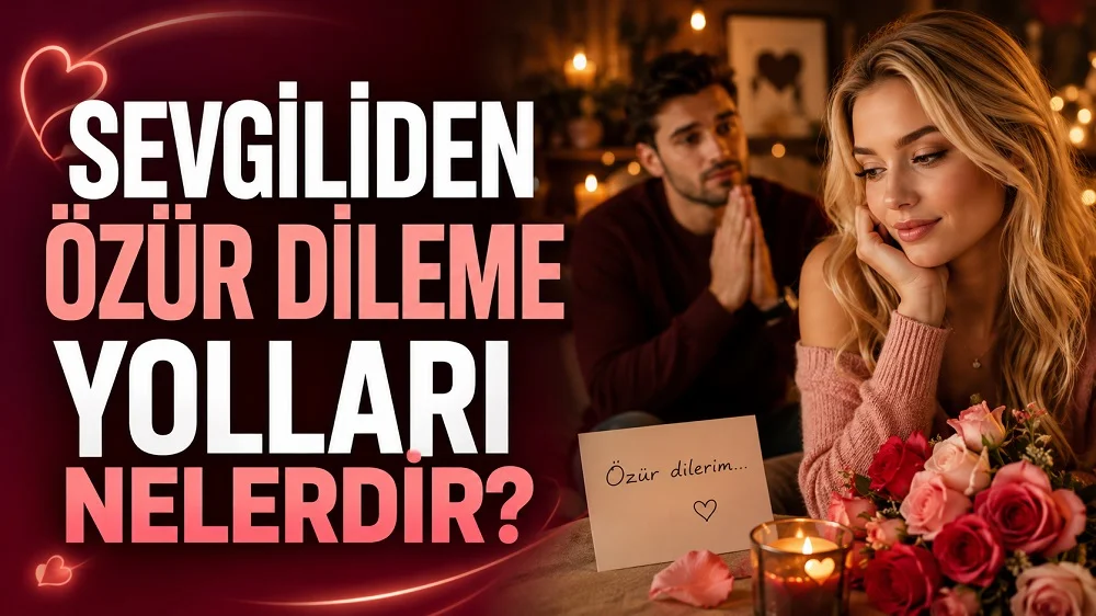 Sevgiliden Özür Dileme Yolları Nelerdir başlıklı, özür notu, gül buketi, mum ışığı, sarışın kadın ve pişmanlıkla bekleyen erkek figürü içeren romantik ilişki kapak tasarımı.