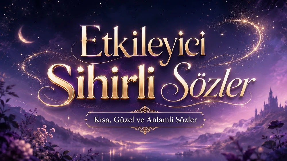 Etkileyici sihirli sözler başlığıyla, yıldızlı mor gece manzarası, ay ışığı ve büyülü ışık efektlerinin yer aldığı modern kapak görseli.