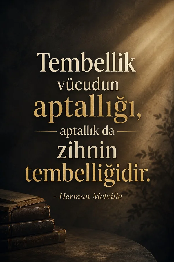Koyu tonlu arka planda eski kitapların yer aldığı, Herman Melville’in tembellik ve aptallık üzerine sözünü içeren yazılı tasarım.