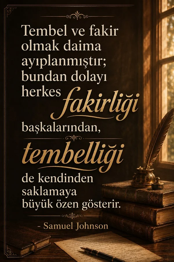Klasik çalışma masası, eski kitaplar ve tüy kalem eşliğinde Samuel Johnson’ın fakirlik ve tembellik üzerine sözünü taşıyan yazılı tasarım.