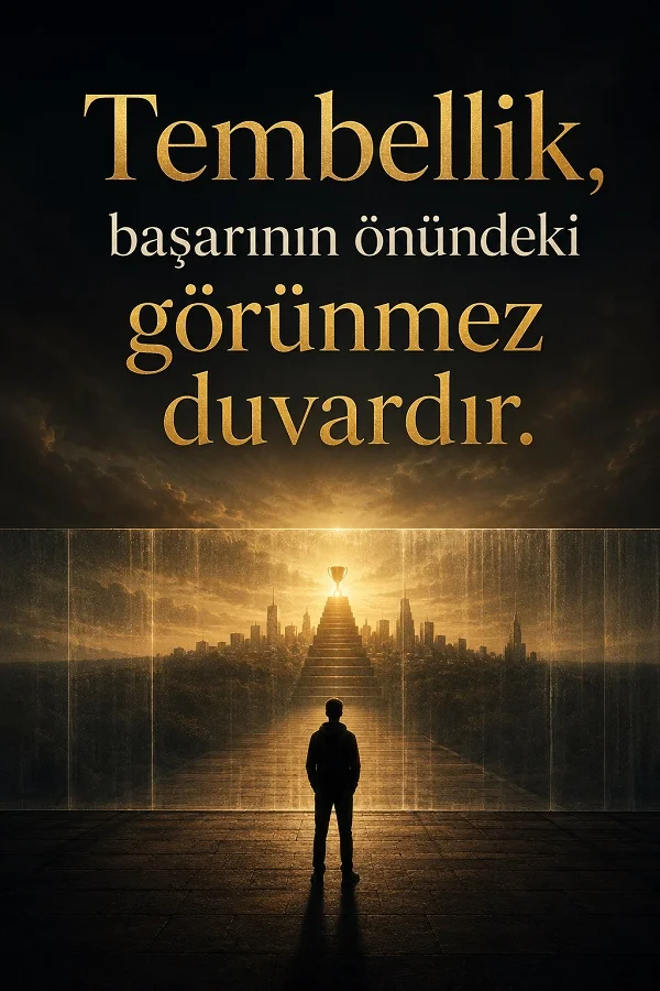 Uzakta bir ödüle uzanan yolun karşısında duran insan silüetiyle, tembelliğin başarının önündeki görünmez duvar olduğunu anlatan yazılı tasarım.