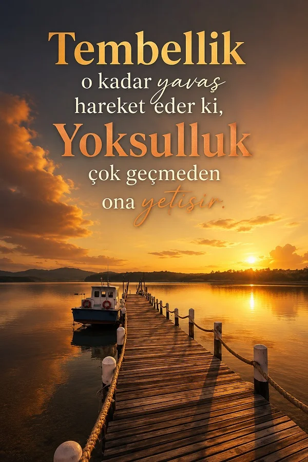 Gün doğumunda göle uzanan ahşap iskele fonunda, tembelliğin yavaş ama yoksulluğun ona yetişeceğini anlatan sözün yer aldığı yazılı tasarım.