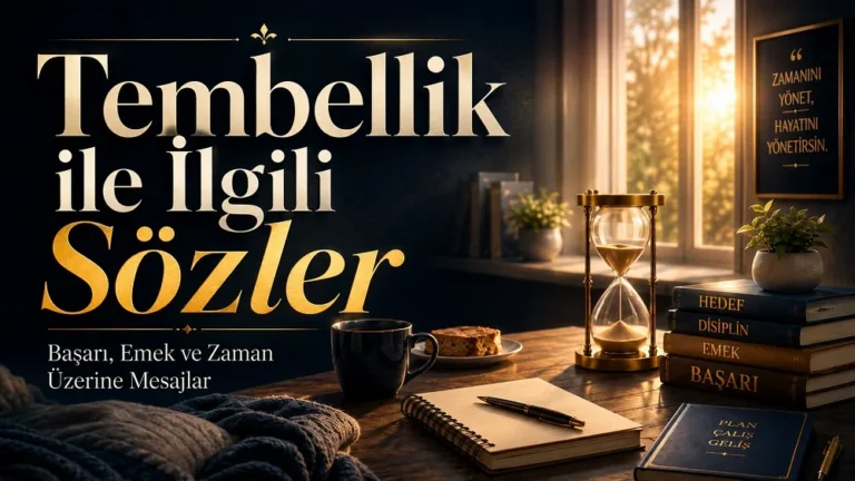 Gün ışığı alan bir çalışma masasındaki kum saati, kahve fincanı, defter ve kitaplarla hazırlanmış, “Tembellik ile İlgili Sözler: Başarı, Emek ve Zaman Üzerine Mesajlar” başlıklı modern kapak görseli.