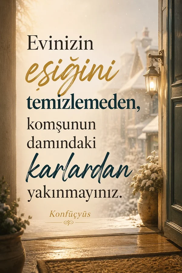 Açık kapıdan karlı dış mekânın göründüğü, yanda fener ve saksı bulunan görselde “Evinizin eşiğini temizlemeden, komşunun damındaki karlardan yakınmayınız.” sözü ve altta “Konfüçyüs” ismi yer alıyor.
