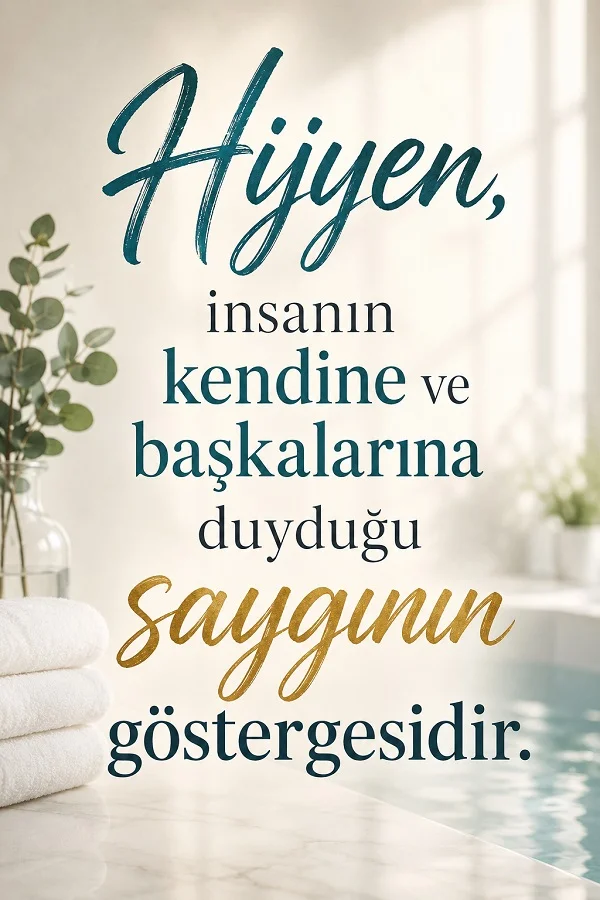 Beyaz havlular, bitki ve banyo detaylarının yer aldığı açık renkli görselde “Hijyen, insanın kendine ve başkalarına duyduğu saygının göstergesidir.” sözü yazıyor.