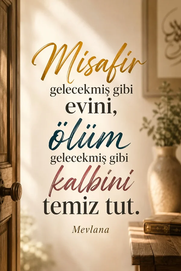 Kapı kenarı ve iç mekân dekorlarının bulunduğu sıcak tonlu görselde “Misafir gelecekmiş gibi evini, ölüm gelecekmiş gibi kalbini temiz tut.” sözü ve altta “Mevlana” adı yer alıyor.