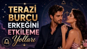 Terazi Burcu Erkeğini Etkileme Yolları başlıklı, romantik kadın ve erkek figürlü, Terazi burcu sembolü bulunan mor, lacivert ve altın tonlarında hazırlanmış modern astroloji kapak görseli.