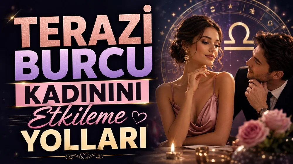 Terazi Burcu Kadınını Etkileme Yolları başlıklı, zarif kadın ve onu etkileyen erkek figürlü, Terazi burcu sembolü, romantik masa ve astroloji çemberi detayları bulunan modern kapak görseli.