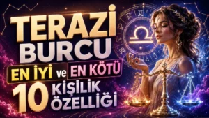 Terazi Burcu en iyi ve en kötü kişilik özellikleri başlıklı, terazi sembolü, denge terazisi, astroloji çemberi, yıldızlar ve zarif kadın figürü içeren astroloji kapak tasarımı.