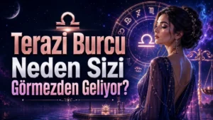 Terazi Burcu Neden Sizi Görmezden Geliyor başlıklı, Terazi sembolü, burç çarkı, zarif kadın figürü ve mor lacivert kozmik arka plan içeren astroloji kapak görseli.