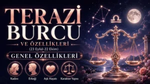 Terazi burcu başlığı, denge terazisi, yıldızlı gökyüzü, dolunay, burç sembolü ve genel özellik simgeleriyle hazırlanmış astroloji kapak görseli.