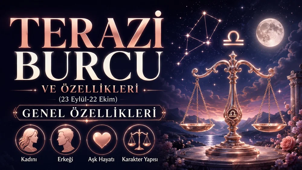 Terazi burcu başlığı, denge terazisi, yıldızlı gökyüzü, dolunay, burç sembolü ve genel özellik simgeleriyle hazırlanmış astroloji kapak görseli.
