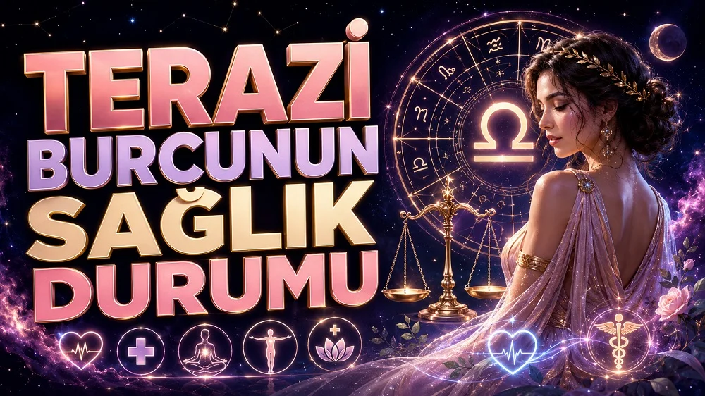 Terazi Burcunun Sağlık Durumu başlıklı, Terazi burcu sembolü, denge terazisi, astroloji çemberi, sağlık ikonları ve zarif kadın figürü içeren astroloji kapak tasarımı.