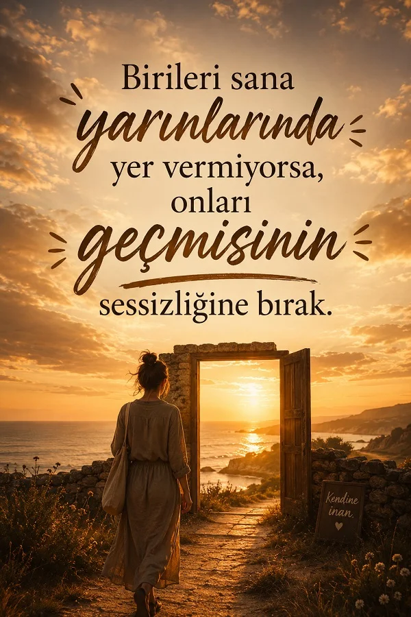 Gün batımında denize açılan taş bir kapıya doğru yürüyen bir kadının yer aldığı görselde, “Birileri sana yarınlarında yer vermiyorsa, onları geçmişinin sessizliğine bırak.” sözü yazıyor.